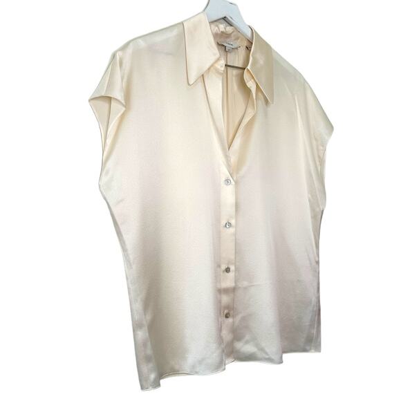 Vince Silk Cap Sleeve Ruched Back Button Down Blouse Cream Size Large - Picture 3 of 9